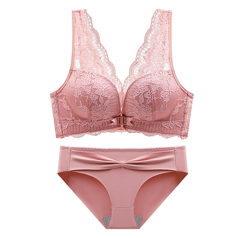 Big Chest Small Underwear Sexy Lace Push-Up Front Opening Buckle Underwear Thin Women's Beautiful Back Breathable Anti-sagging Bra