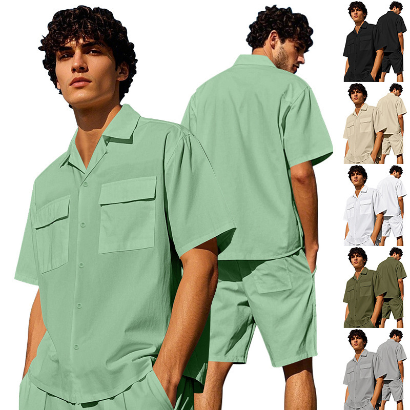 Independent Station New Men's Summer Suit Foreign Trade Cross-Border Men's Solid Color Breathable Shirt Shorts Two-Piece Fashion Set