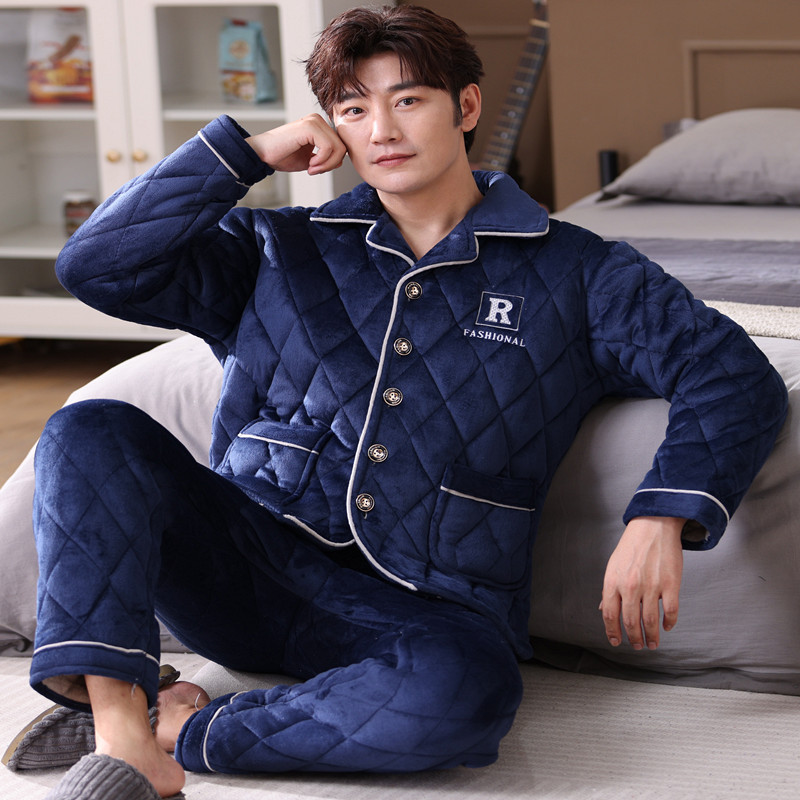 Men's Pajamas Winter Thickened Fleece-lined Three-layer Quilted Coral Fleece Flannel Winter Warm Home Clothes for Middle-aged and Young People