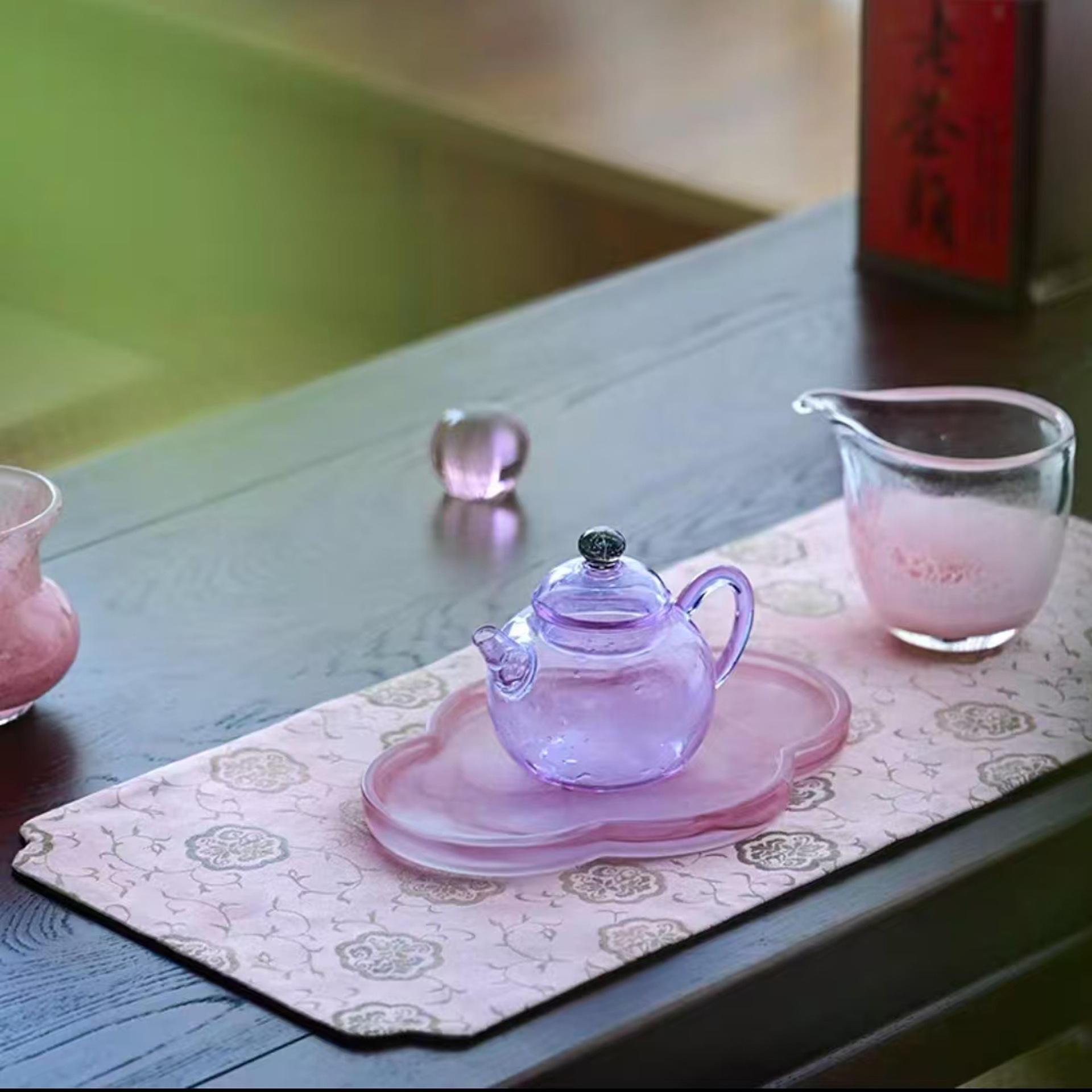 Household Ink Pot Bearing Frosted Glass Begonia Dry Soaking Table Pink Splash Ink Zen Tray Tea Set Accessories Small Tea Tray