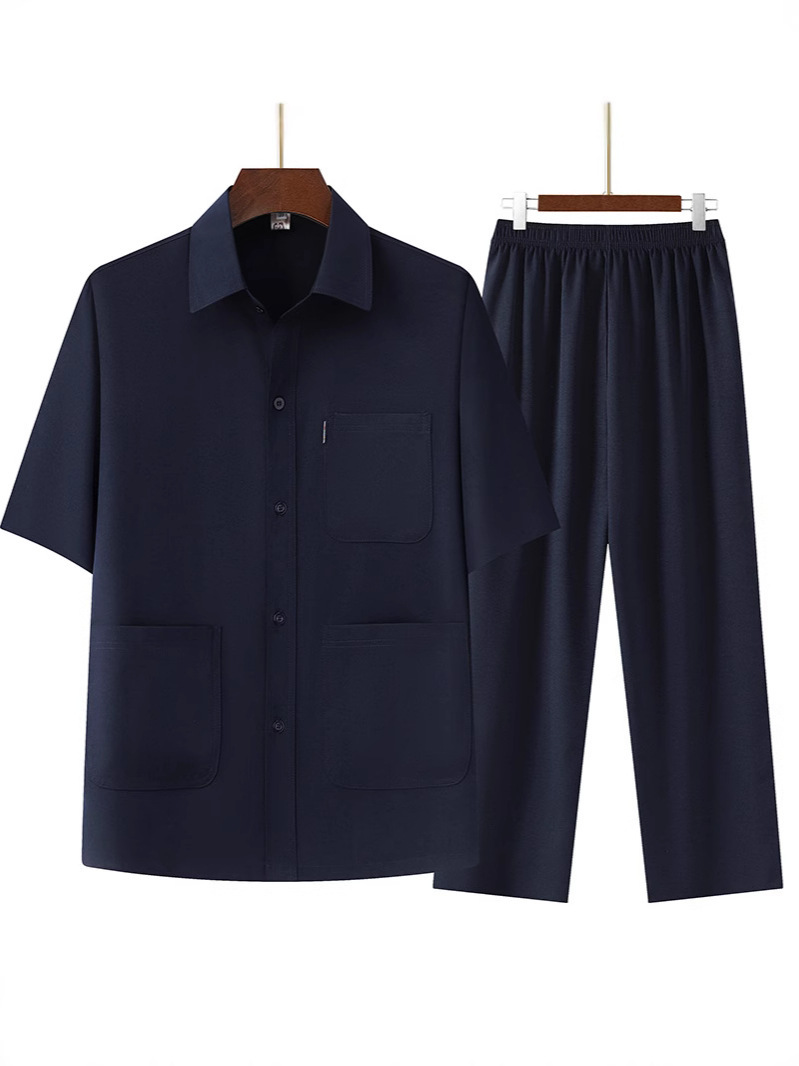 Middle-Aged and Elderly Dad's New Textured Two-Piece Top, Lapel Shirt, Elastic Band Pants, Thin Summer Short-Sleeved Suit