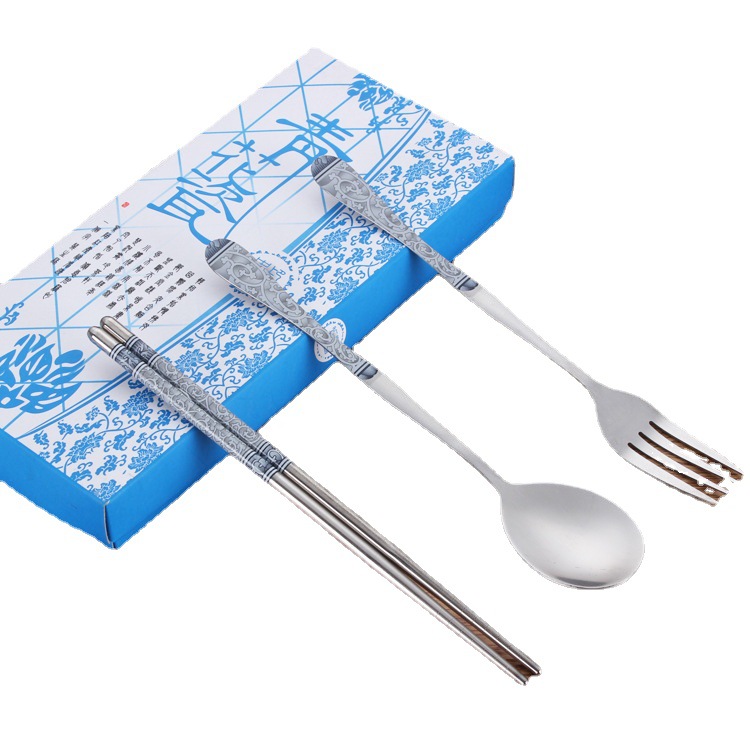 Cross-Border Blue and White Porcelain Stainless Steel Tableware Event Gift Three-Piece Set of Chopsticks, Spoon and Fork Set Factory Direct Supply Portable
