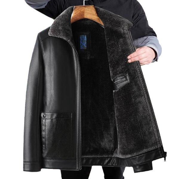 New style fur one men's leather coat lapel thickened fleece padded plus size leather jacket casual dad's leather jacket
