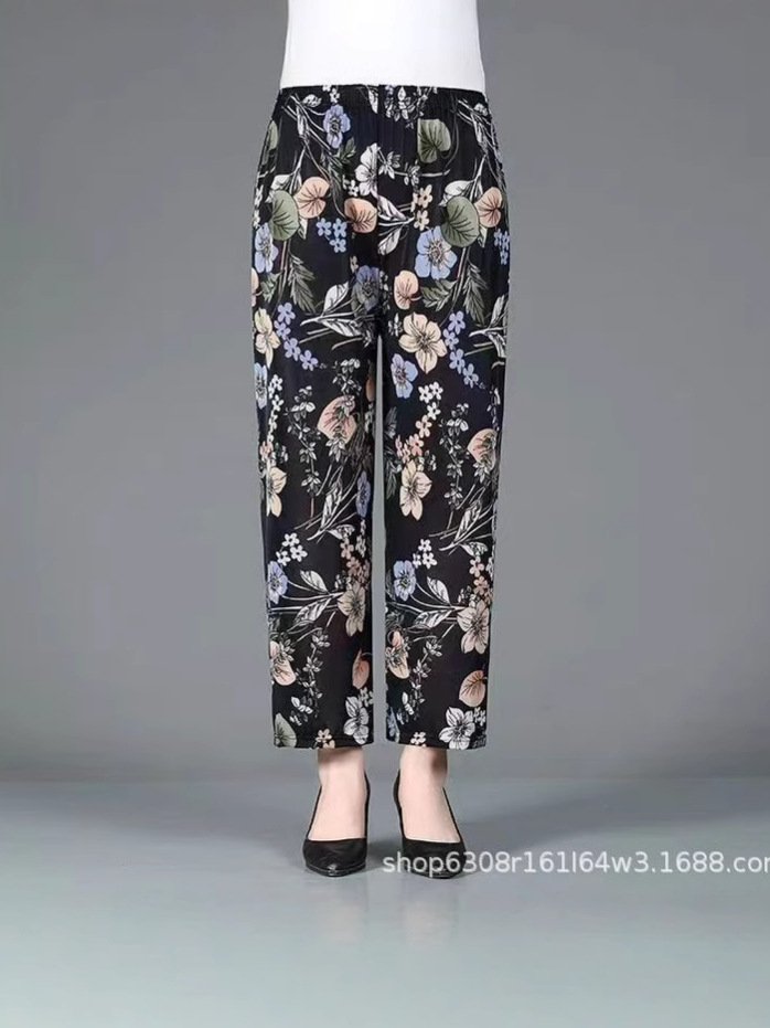 Middle-aged and old women's clothing ice silk mother pants loose plus size bloomers high waist cropped leggings flower pants summer special price