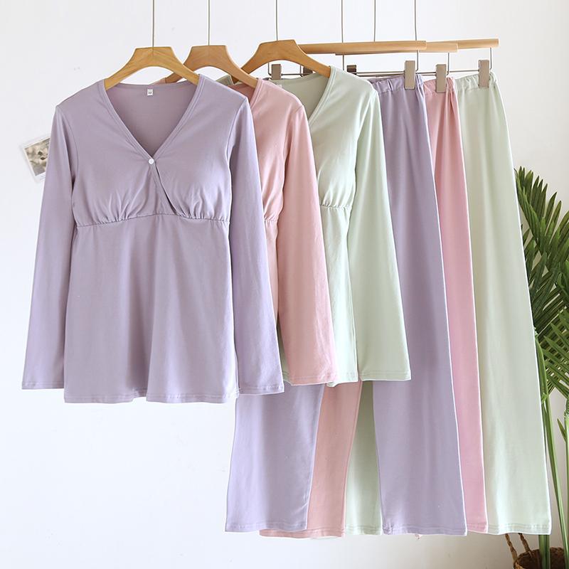 Confinement Clothes Pure Cotton with Breast Pads Spring, Autumn and Winter Maternity Nursing Pajamas Pregnancy Pullover Cross Postpartum Nursing Clothes