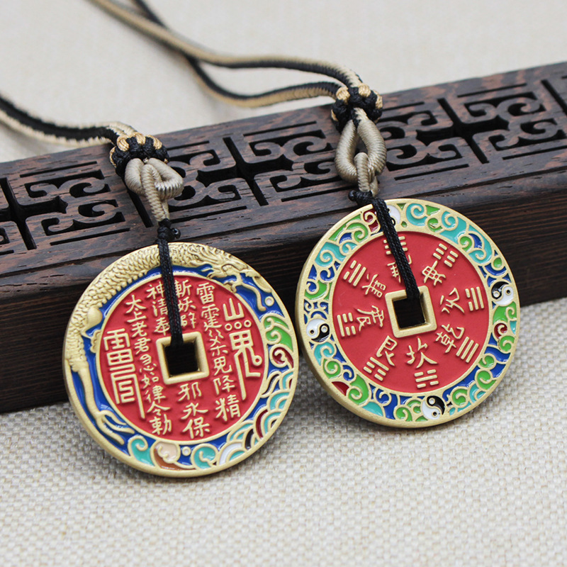 Coin Collection Enamel Mountain Ghost Flower Pendant for Live Streaming, Pure Brass with Real Cinnabar Copper Coin for Peace and Good Luck