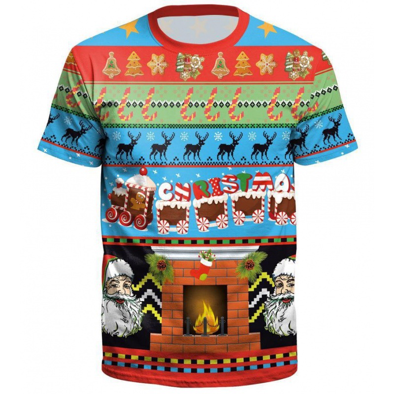 Cross-border New Christmas Short-sleeved T-shirt 3D Printing European and American Couple Style Round Neck T-shirt Santa Claus Factory