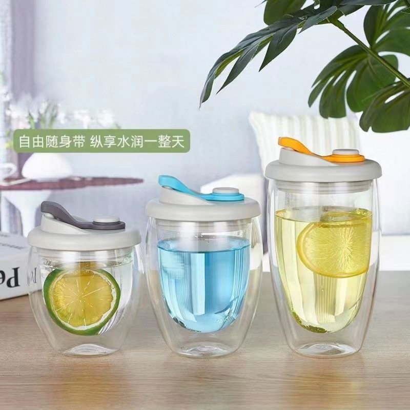 Transparent Glass Egg-Shaped Cup with Lid, Double-Layer Milk Coffee Cup with Lid, Glass Juice Drinking Cup