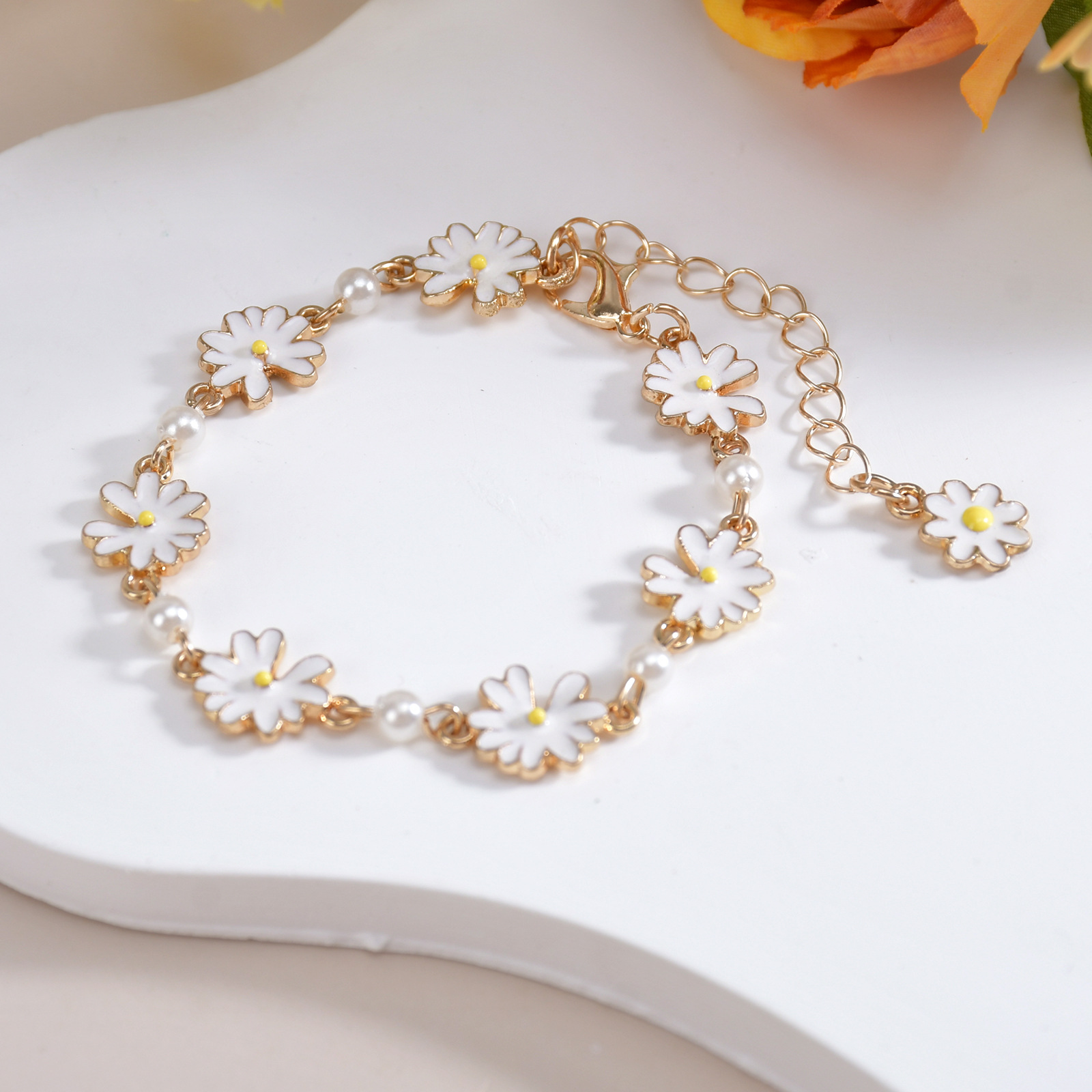 Cross-border hot-selling notch daisy foot decoration fresh summer pearl cute retro student flower girl heart anklet