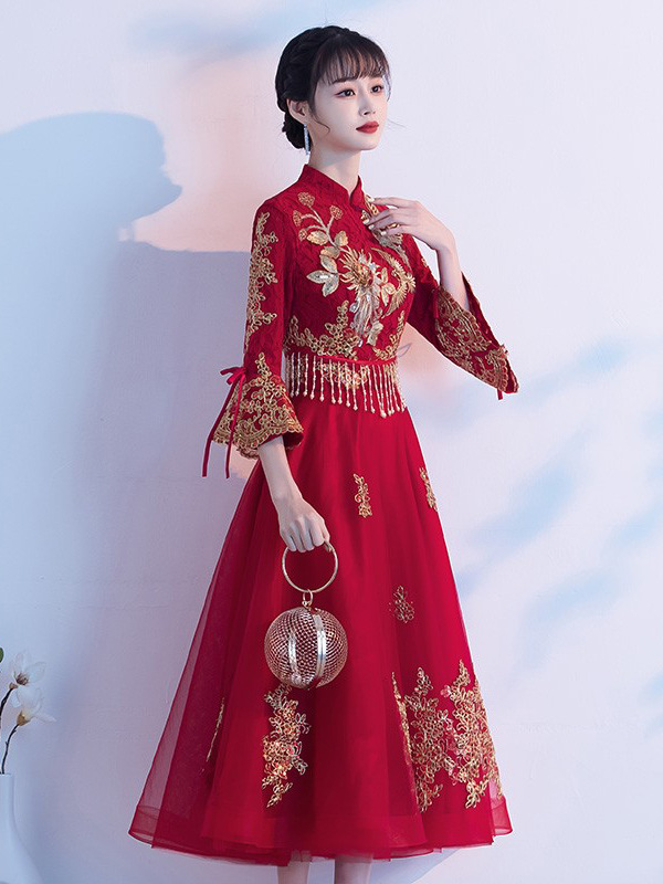 New Chinese Style Toasting Dress Bride 2025 New Wedding Engagement wine red Dress Cheongsam Xiuhe Dress Belly Covering Children