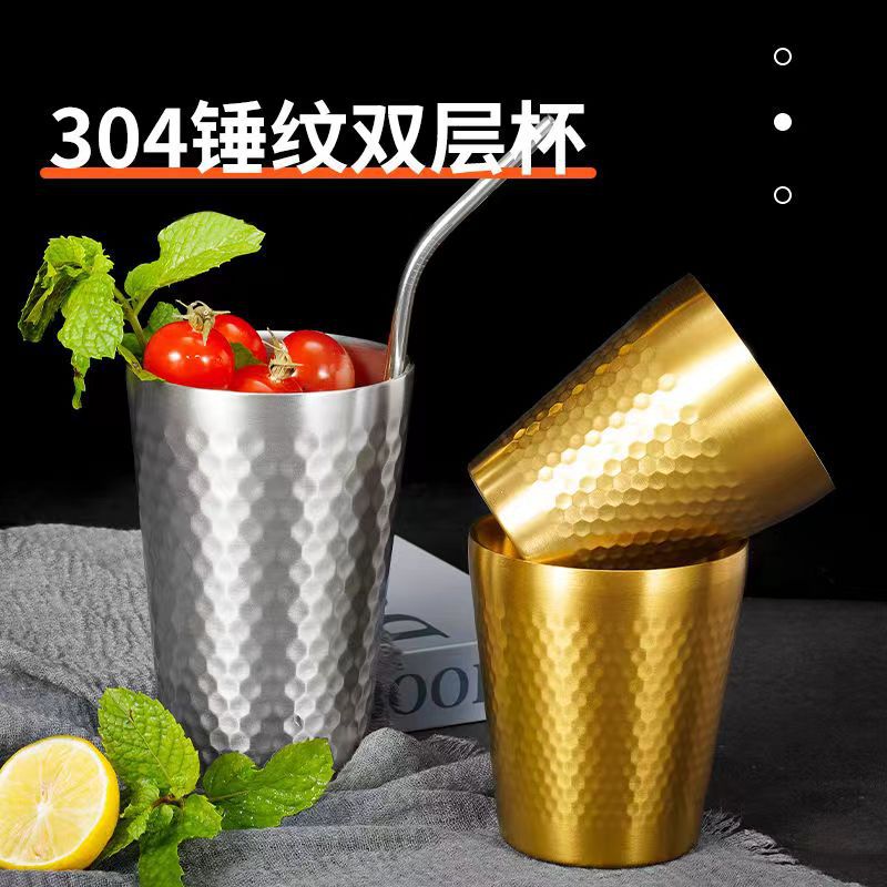 Чашка из нержавеющей стали 304 с молоточковым узором, двуслойная чашка, корейская чашка, термоизолирующая чашка, позолоченная чашка, стильная чашка для барбекю, чашка с алмазным узором