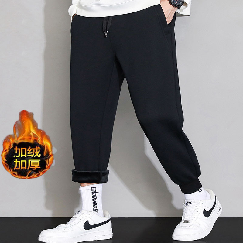 Cotton Autumn and Winter Men's Sports Pants, Fleece-Lined, Thickened, Loose Fit, Jogger Casual Long Pants, Trendy Sweatpants for Teenagers