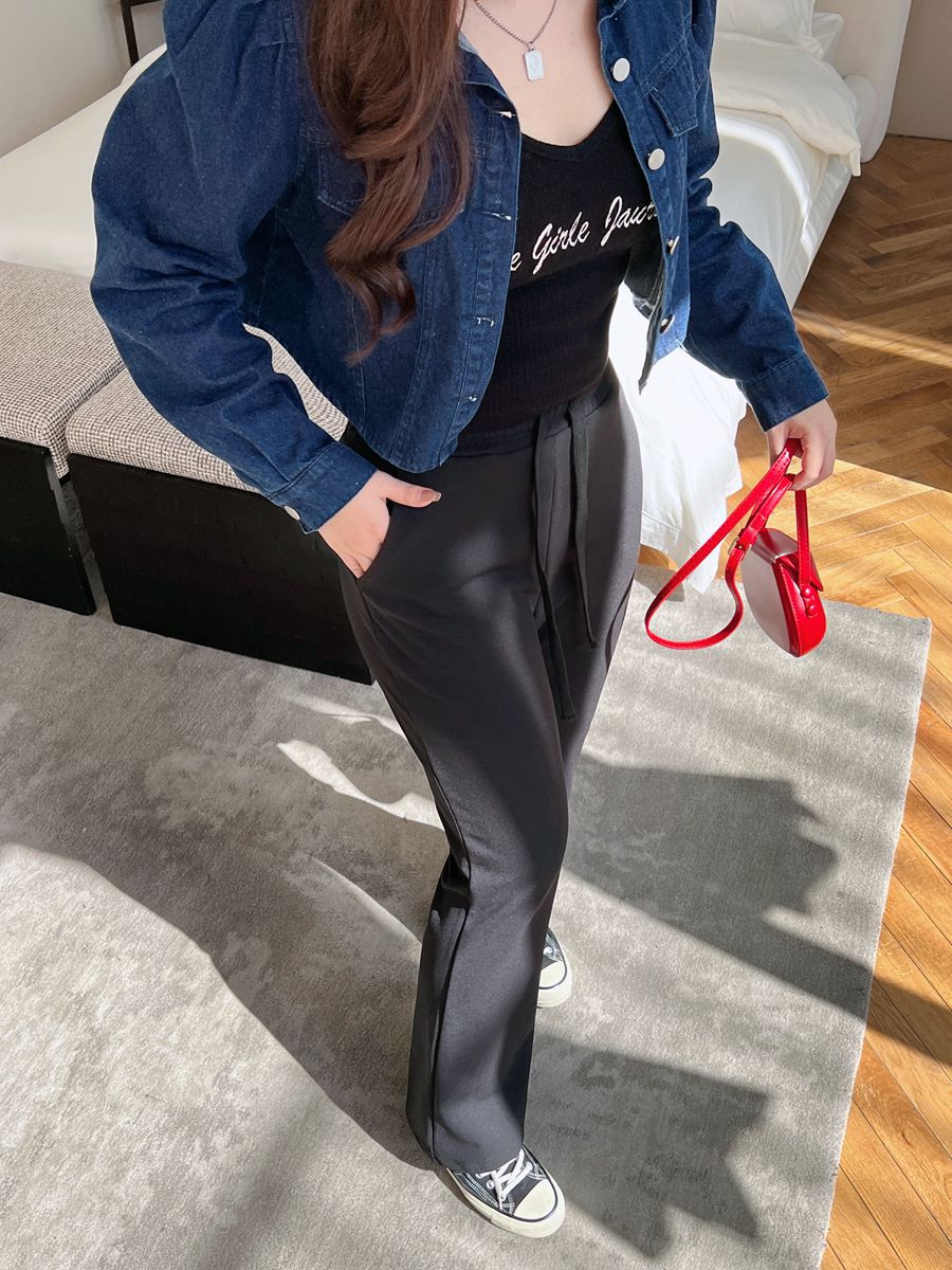 Runqi N8658 plus overhaul leg cut micro horn floor stretch small black pants wholesale large size women's pants