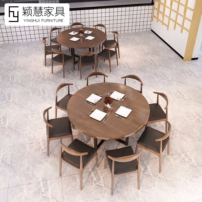 Commercial Iron solid wood Round Table and Chair combination American restaurant barbecue bar vintage hot pot restaurant restaurant iron dining table
