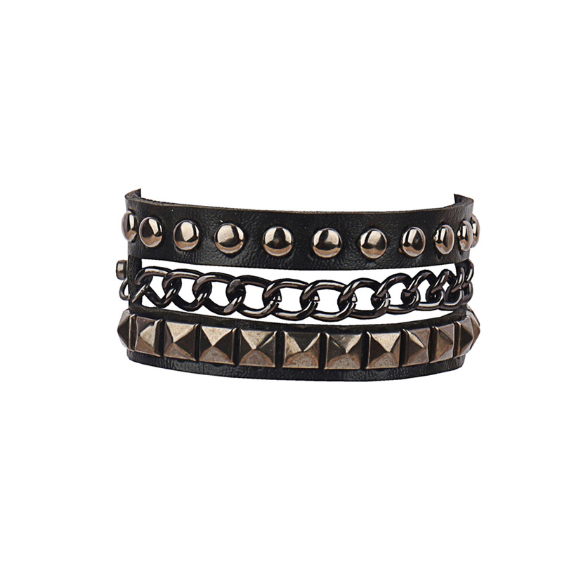 European and American cross-border punk Gothic personality asymmetric chain leather bracelet square round rivet multi-layer bracelet bracelet