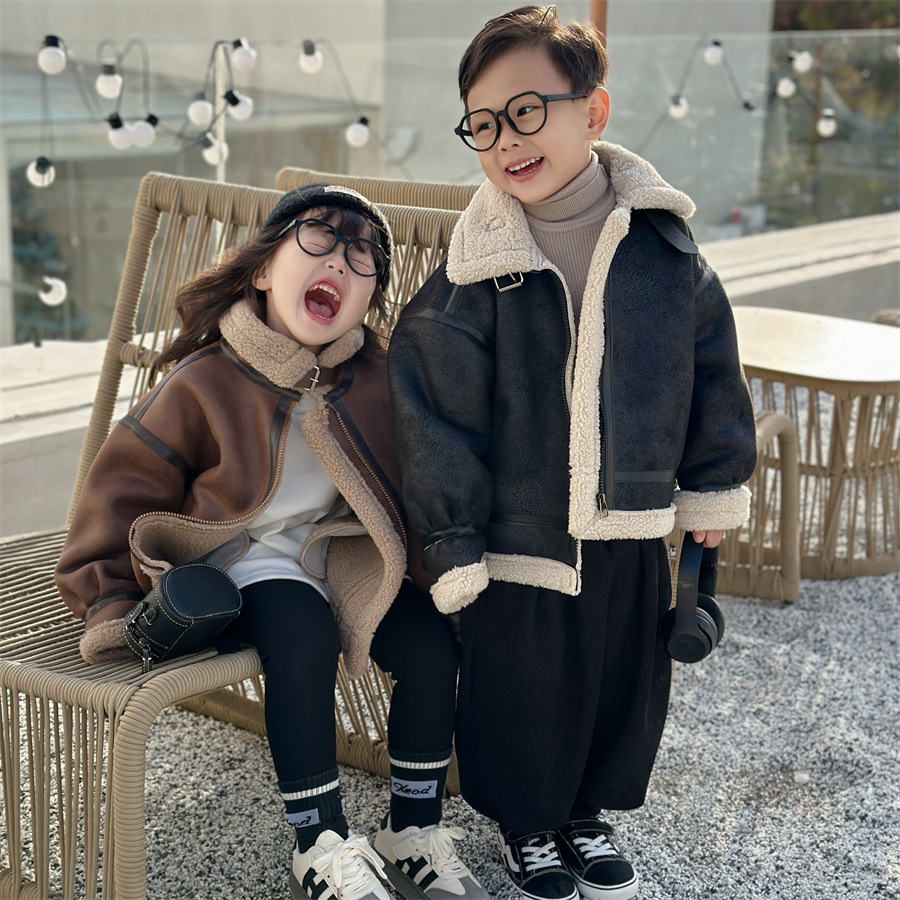 "Parent-child" children's winter fleece-lined padded fur new gilded suede warm coat