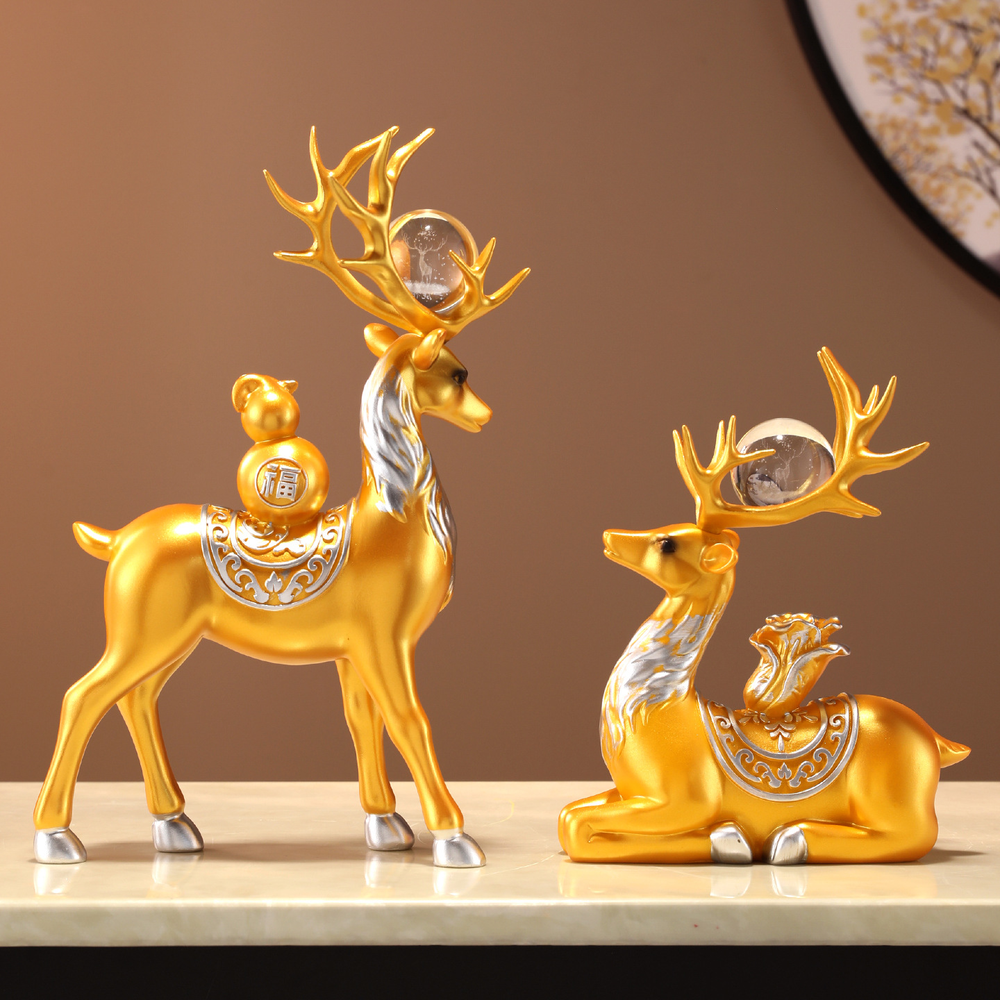 New Large Deer Pair Cabbage Gourd Deer Relaxation Chinese Style Sika Deer Ornaments Decorations Entrance Wine Cabinet Living Room