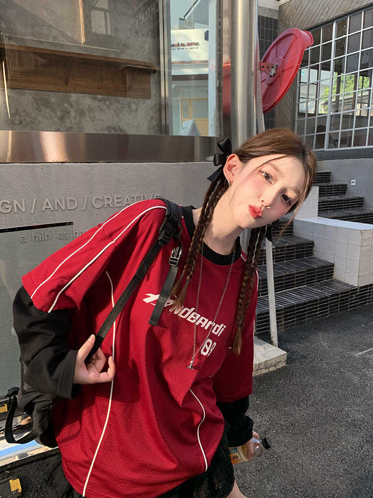 Andeardi Design Fake Two-Piece Contrasting Color Splicing Long-Sleeved T-Shirt Women's Summer Lightweight Breathable Jersey Style Top