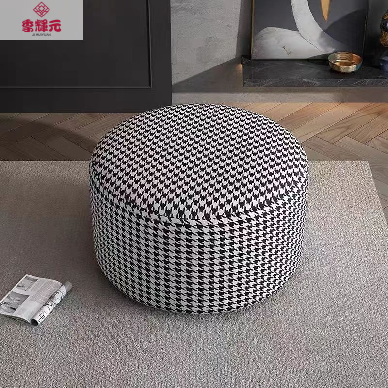 Nordic Movable Household Popular Lamb Velvet Round Sofa Stool for Changing Shoes Houndstooth Living Room Sofa Footrest