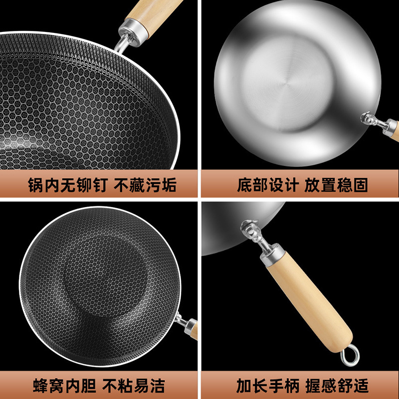 Thickened Stainless Steel Non-stick Pan Wok Household Fried Egg Pan Wok Uncoated Non-stick Honeycomb Wok Steak Pan