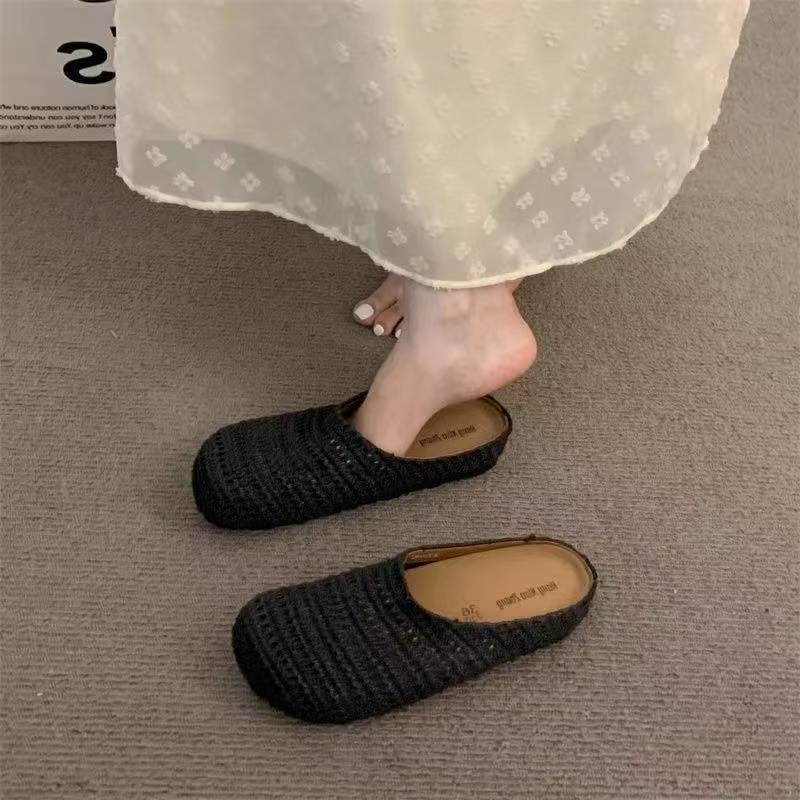 French-Style Niche Closed-Toe Mules for Women, Hollow Breathable Closed-Toe Half Slippers for Women, Summer Outdoor Roman-Style Thick-Soled Mules