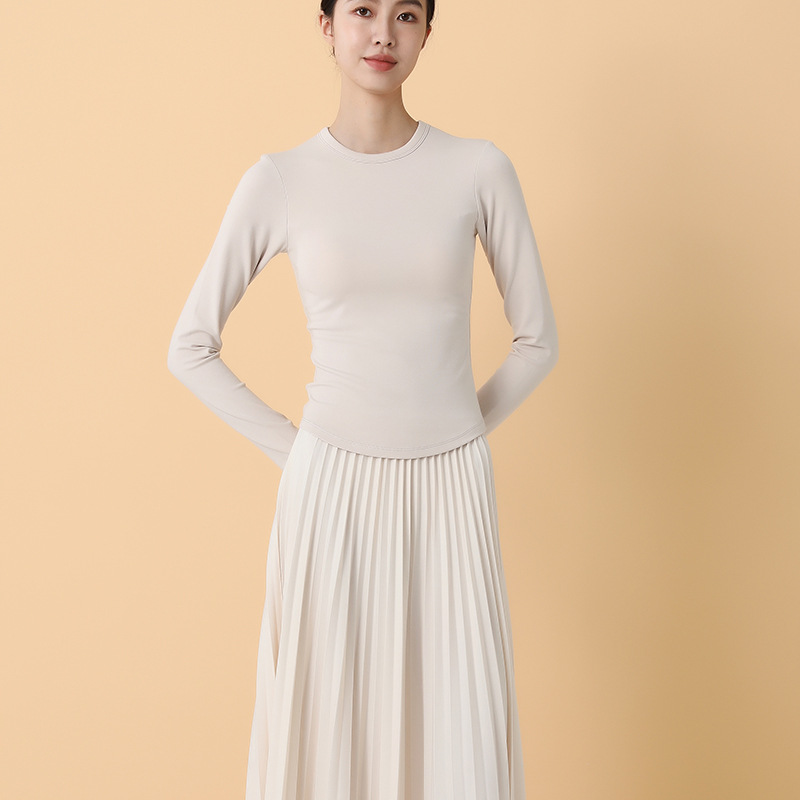 Women's bra with chest one-piece inner long top small round neck T-shirt with bra long sleeve slim bottoming shirt