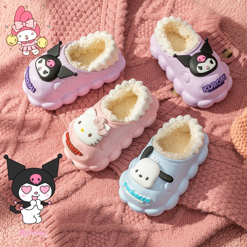 Хлопковые тапочки Sanrio для девочек, зимние детские ботинки, мягкая подошва, флисовые тапочки для малышей