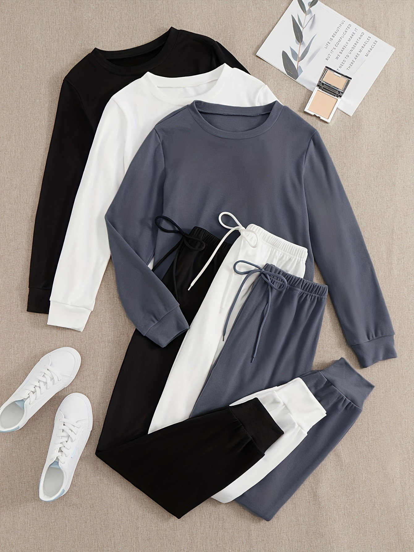 3 Sets Women's Solid Casual Lounge Set, Long Sleeve Round Neck