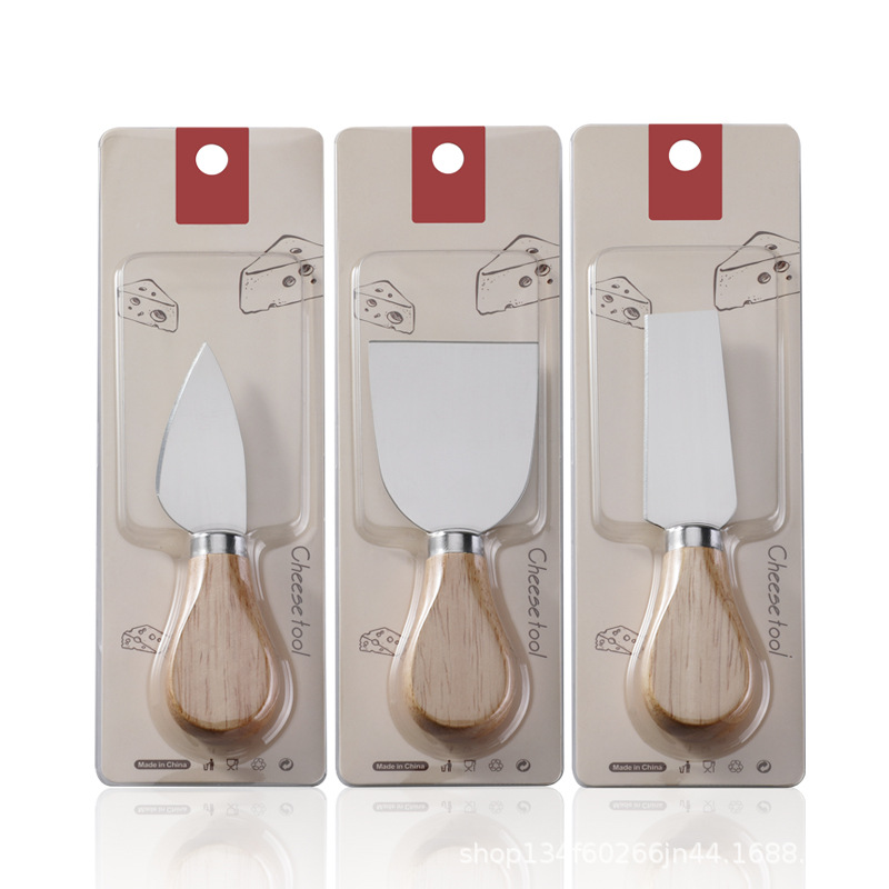 Factory in stock rubber wooden handle stainless steel cheese knife kitchen baking cheese butter knife cross border cheese tools
