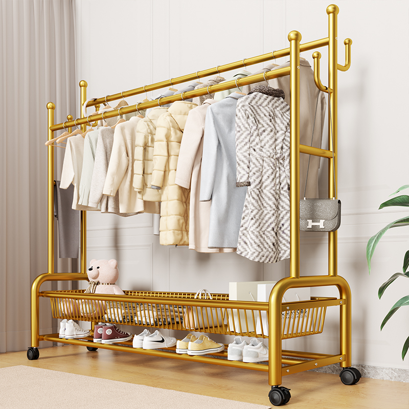 Hanger Floor-Standing Bedroom Thickened Clothes Rack Indoor Household Room Clothes Shelf Floor-Standing Double-Pole Coat Rack