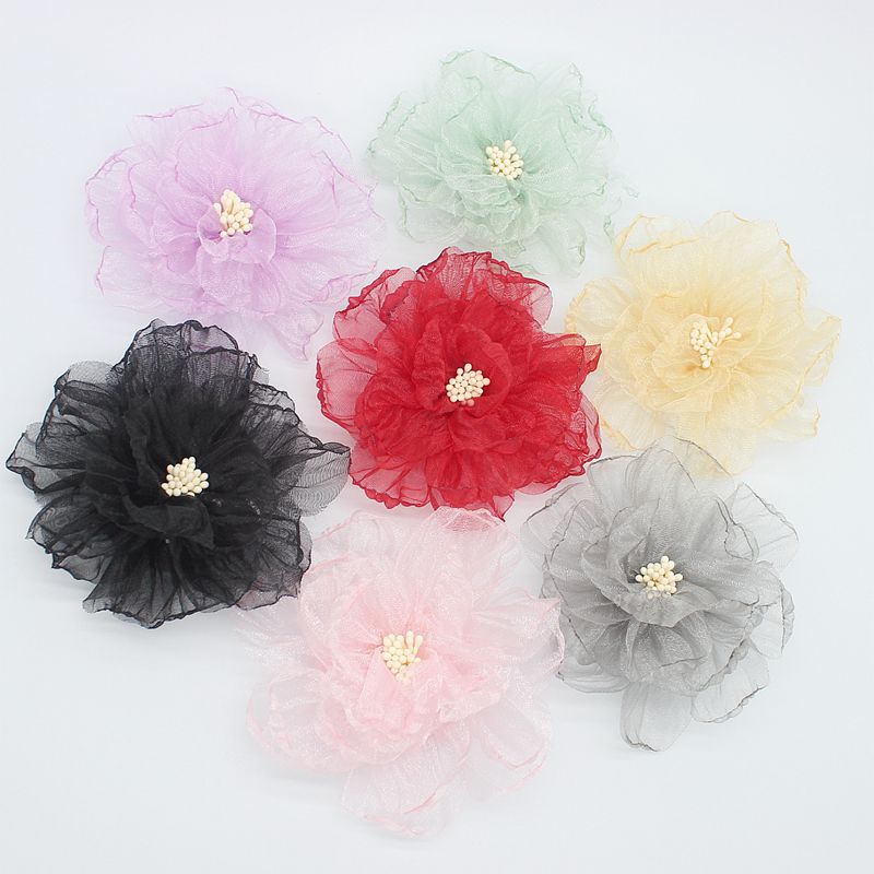 New DIY Snow Gauze Hand-Fired Edge Flower Roasted Edge Flower Organza Peony Flower Heart Corsage Shoes and Hat Accessories Flower 9cm