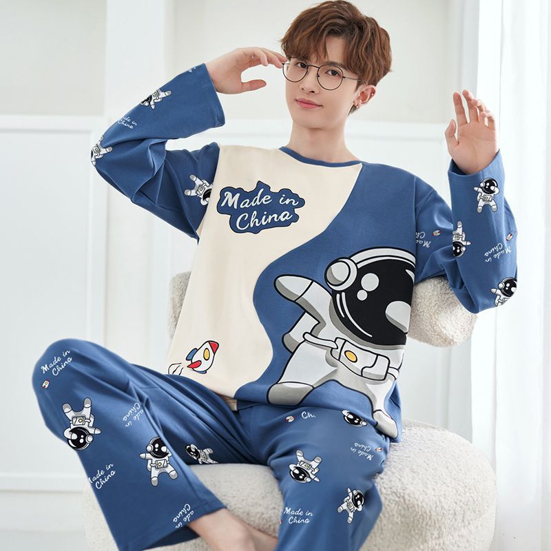 Pajamas Spring and Autumn Cartoon plus size 200 Jin Casual Handsome Loose Home Wear suit Youth Men's Long Sleeve