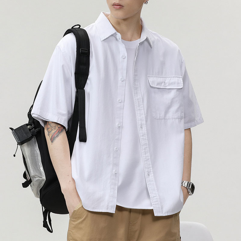 Американская рабочая рубашка с коротким рукавом, мужская летняя однотонная рубашка с воротником, повседневная рубашка из чистого хлопка