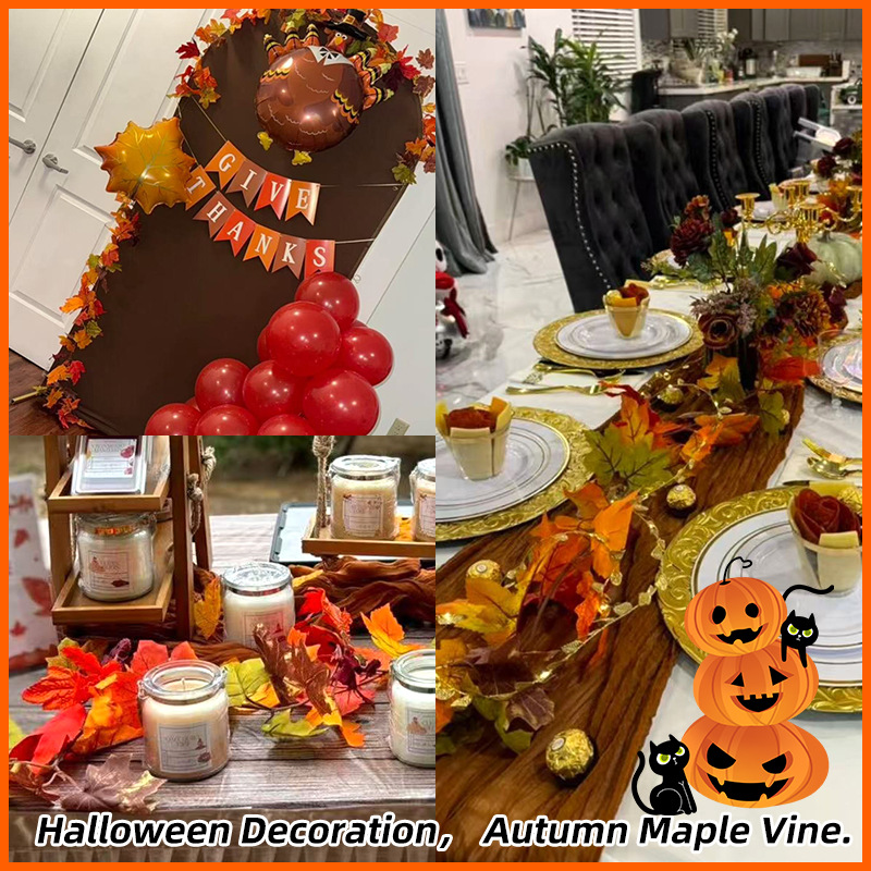 Leaf Decoration Artificial Maple Leaf Thanksgiving Rattan Vine Wall Hanging Halloween 36 Bilateral Leaves Autumn Maple Leaf Landscaping