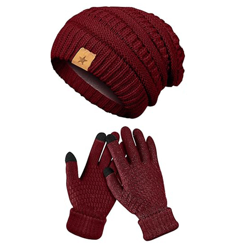 Amazon's Hottest Winter Fashion Knitted Woolen Hat Women's Warm Hat Gloves Two-Piece Set Thickened Velvet Cold Hat