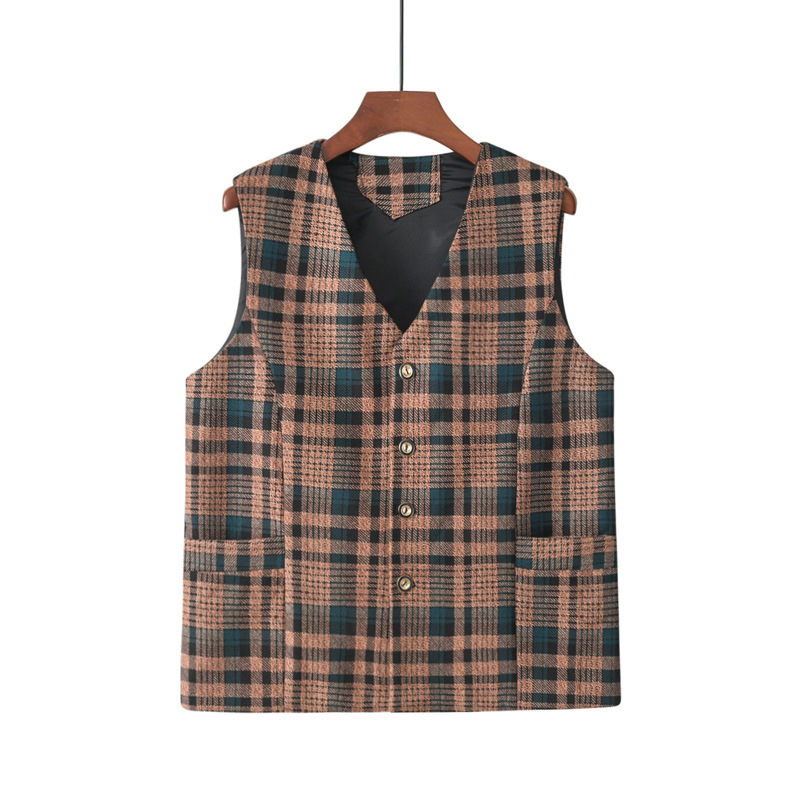 Middle-Aged and Elderly Mothers Wear Plaid Vests, Vests, and Waistcoats; Mother's Clothing with a V-Neck and Single-Breasted Plaid Vest for Mothers