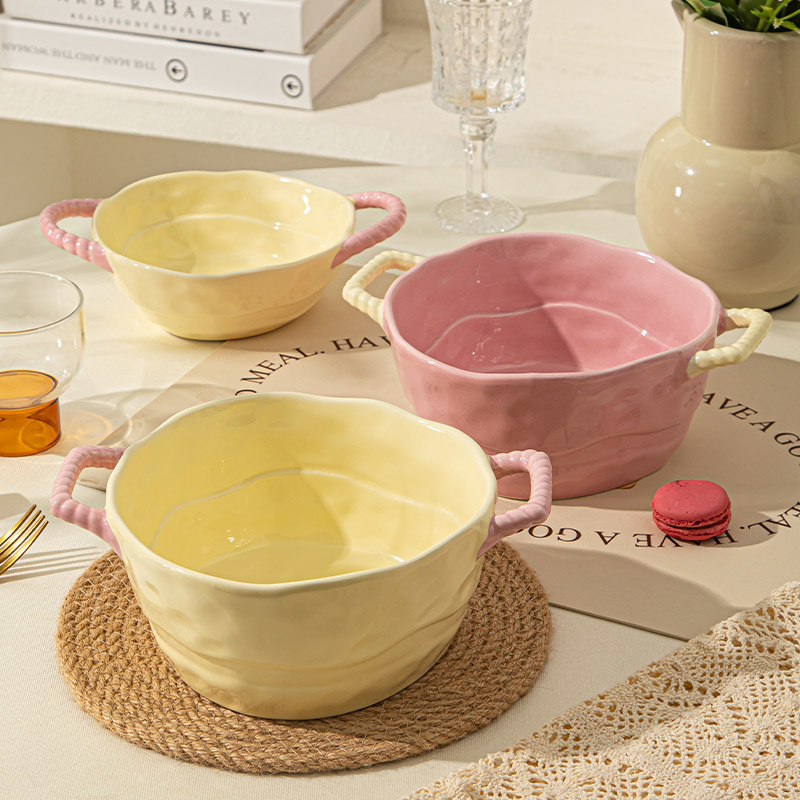 Ins Twisted Bowl Spoon Household Handle Bowl Binaural Soup Bowl Simple Ceramic Baking Bowl Salad Fruit Bowl Soup Bowl