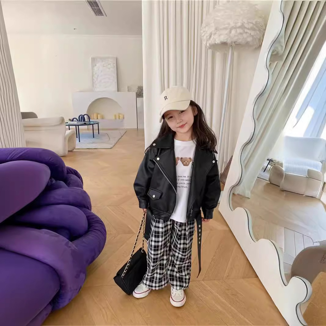 Girls' Leather 2024 Autumn New Children's Western Style Korean Baby's Biker Coat Spring and Autumn Jacket Top