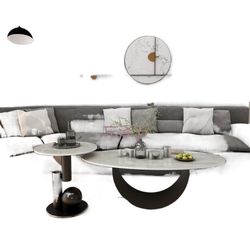 PCGS Light Luxury Modern Light Rock Plate Oval Coffee Table Side Table Combination Living Room Small Apartment Tea Table Household Simple