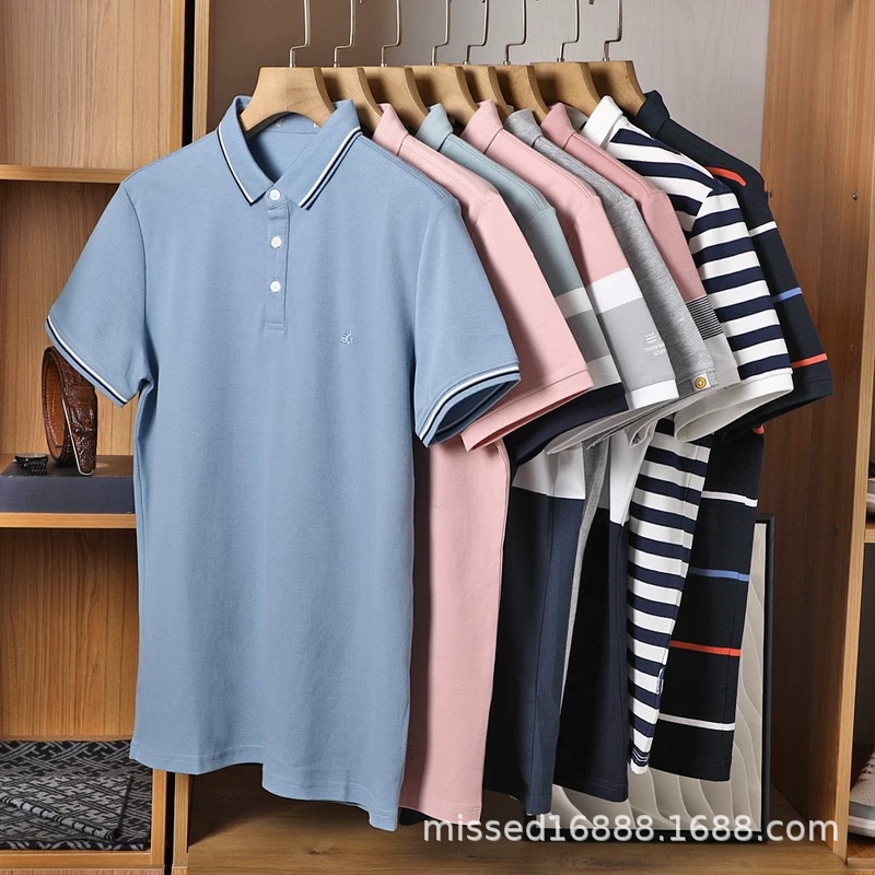 Cross-border foreign trade striped short-sleeved polo shirt men's summer new simple high-end sense lapel t-shirt casual business