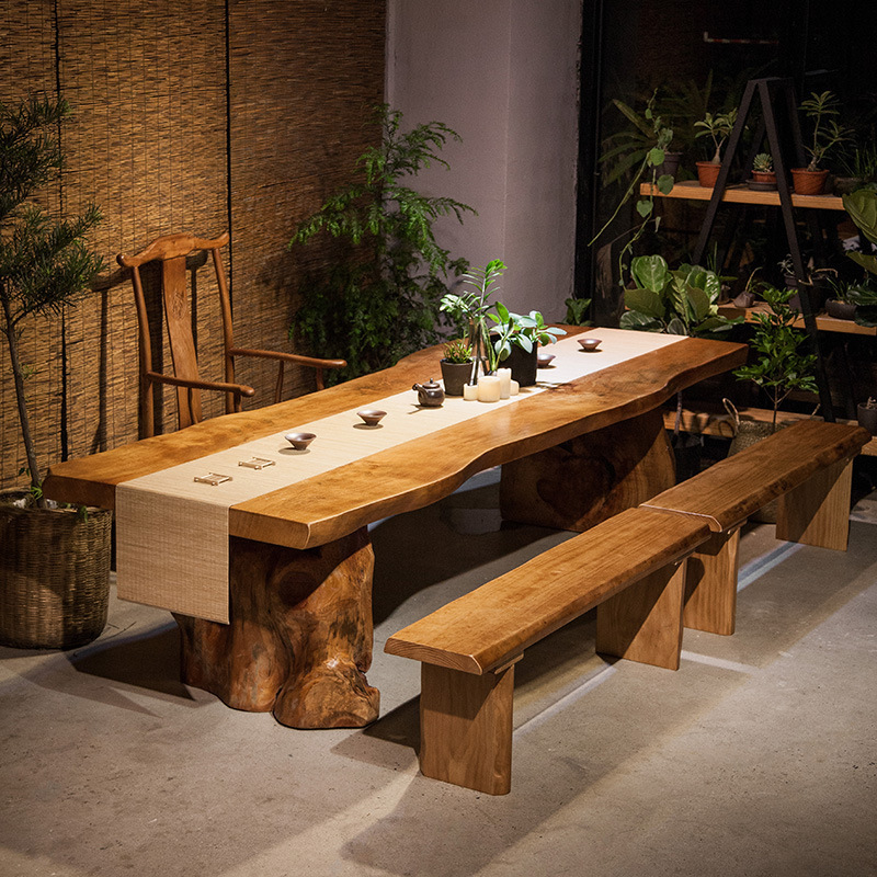 New Chinese Style Tea Table Complete Set for Home Living Room Zen Solid Wood Tea Table Large Table Tea House Tea Room Log Tea Table and Chairs