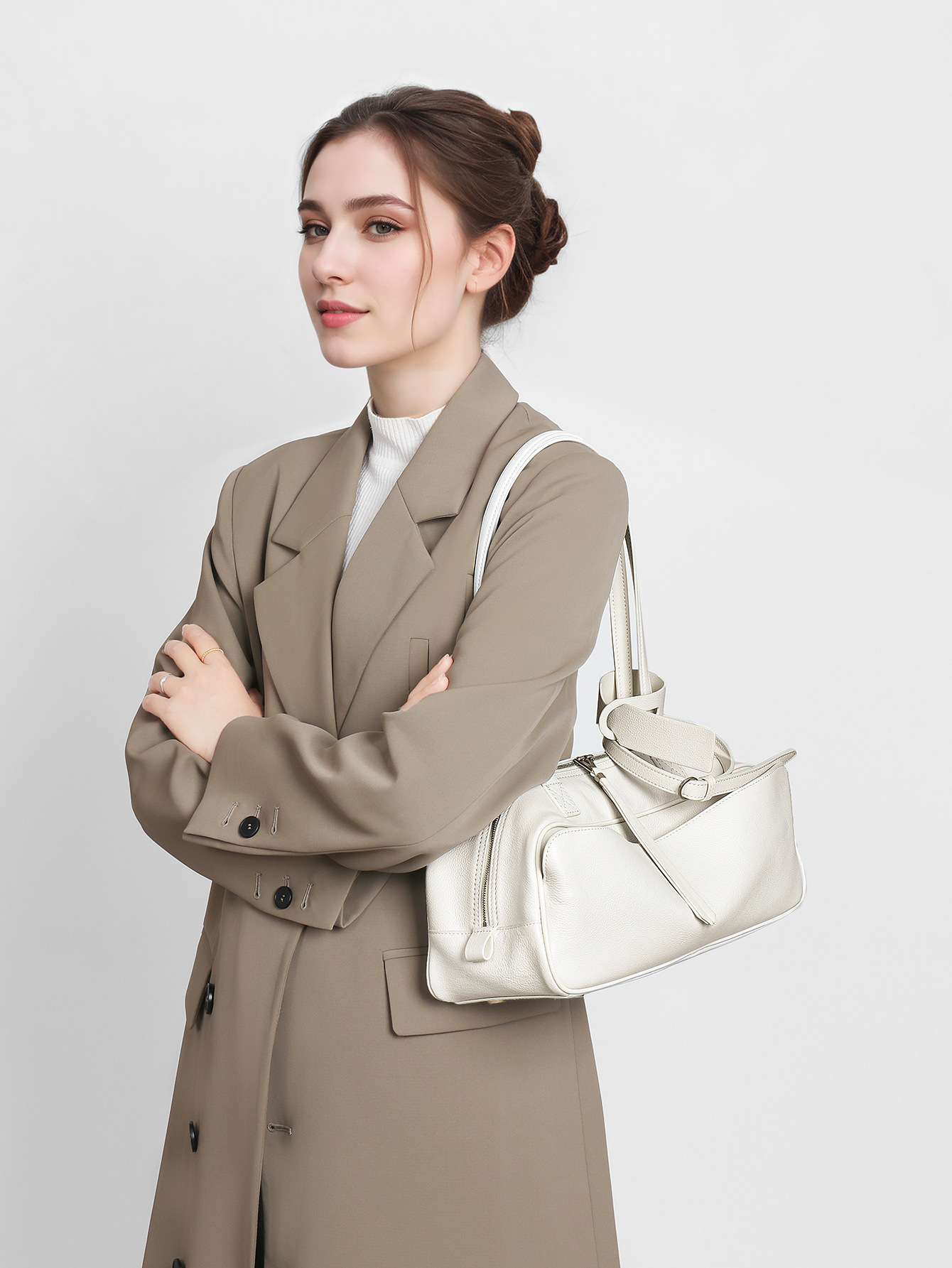 B Brand Bag Korean Niche Carriebowling Bowling Women's Bag Simple First Layer Cowhide Boston Bag