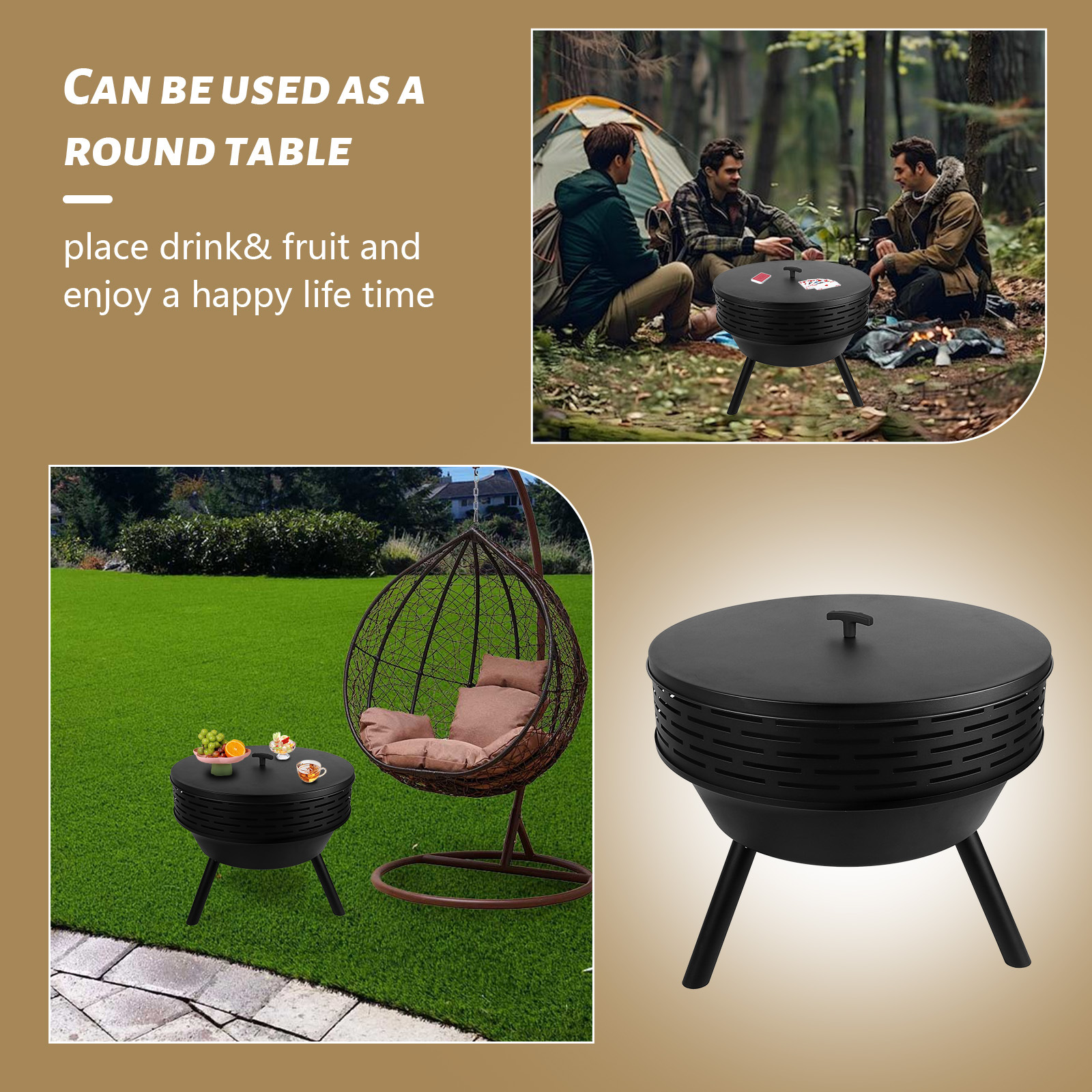 Amazon's New Cast Iron Fire Pit Table with Cover, Deep Round Stove Wood Burning Fire Pit for Outdoor Bonfire Parties