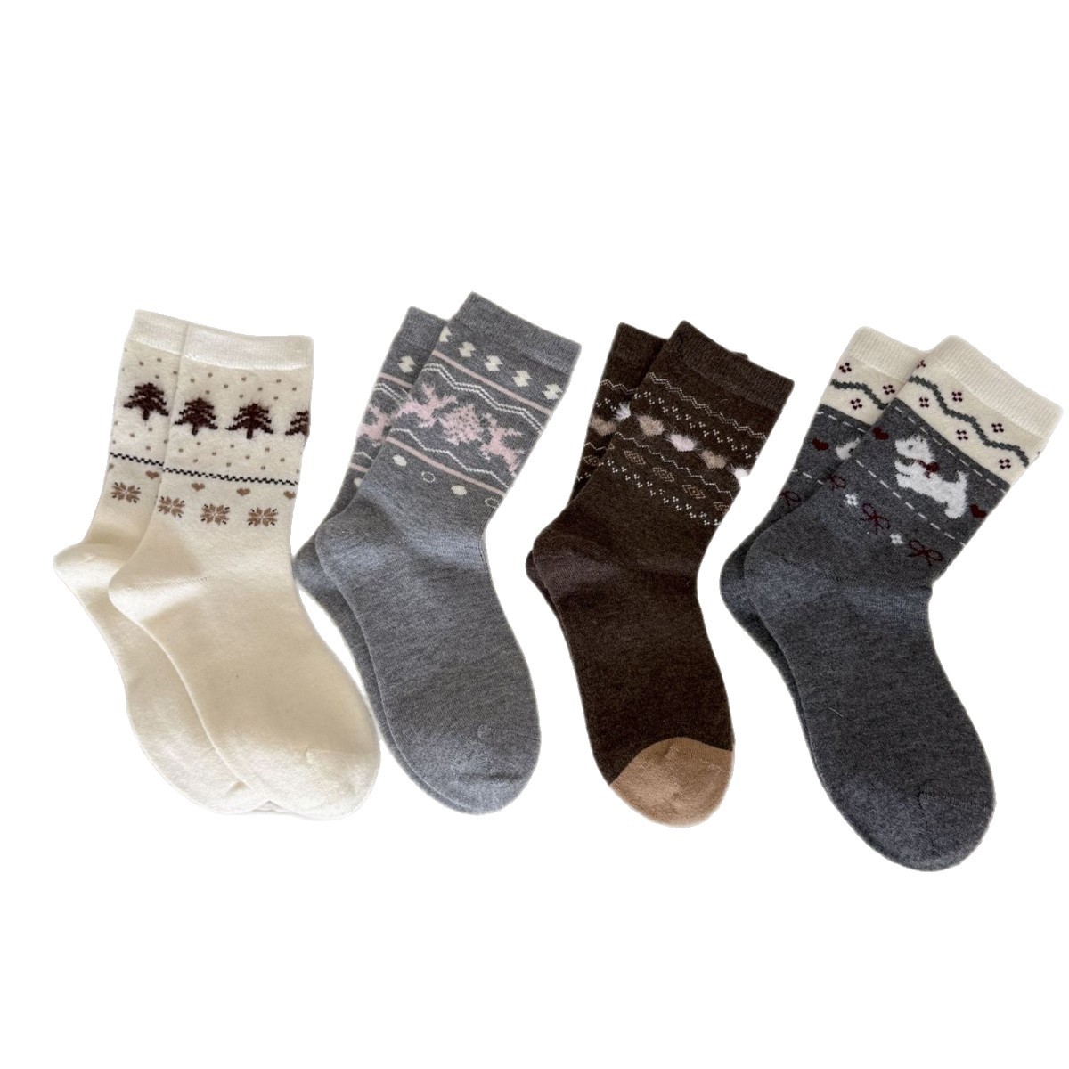 Winter Thickeneded Warm Fair Isle Style Wool Socks for Women Retro Heart Puppy Mid-Calf Socks Cute Student Socks
