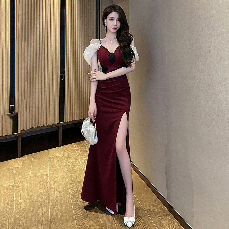 Elegant New Style Celebrity High Split Evening Dress Birthday Dress Summer Night Shop Sexy Off-shoulder dress