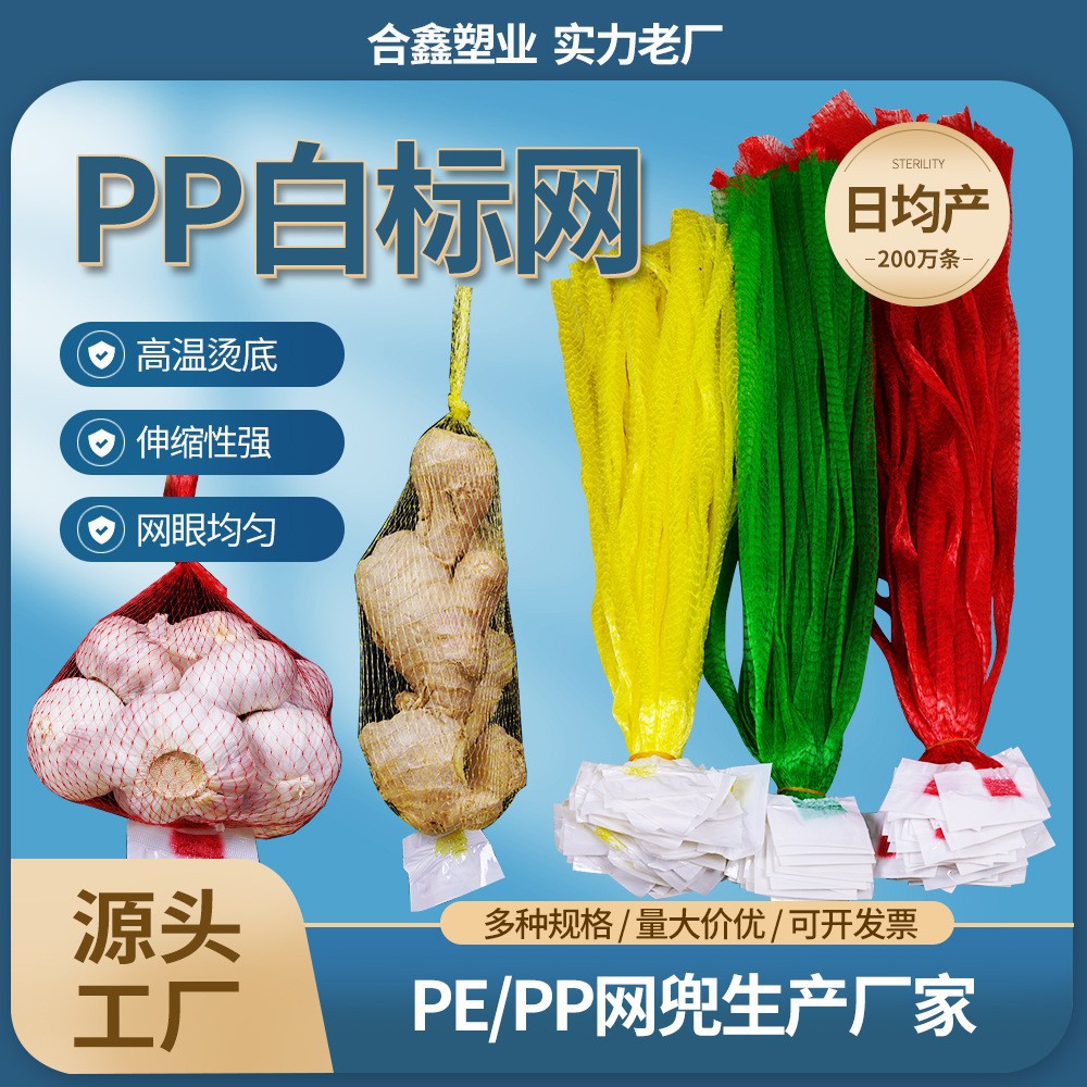 Ginger Mesh Bag Supermarket Packaging Fruit Mesh Bag Nylon Pp Wire Mesh Plastic Woven Mesh Bag Dense Eye with White Label