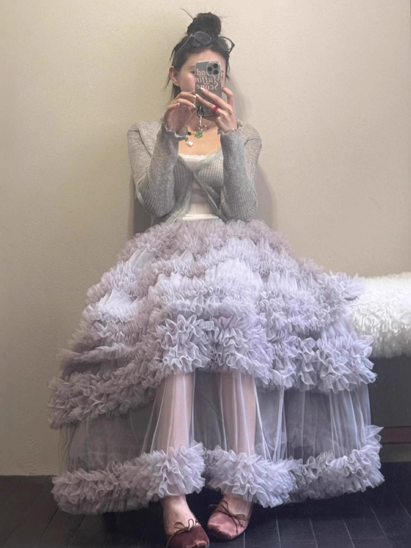2025 Niche Fairy Atmosphere Long Skirt Korean Style Simple Mesh Splicing Layered Cake Layered Skirt