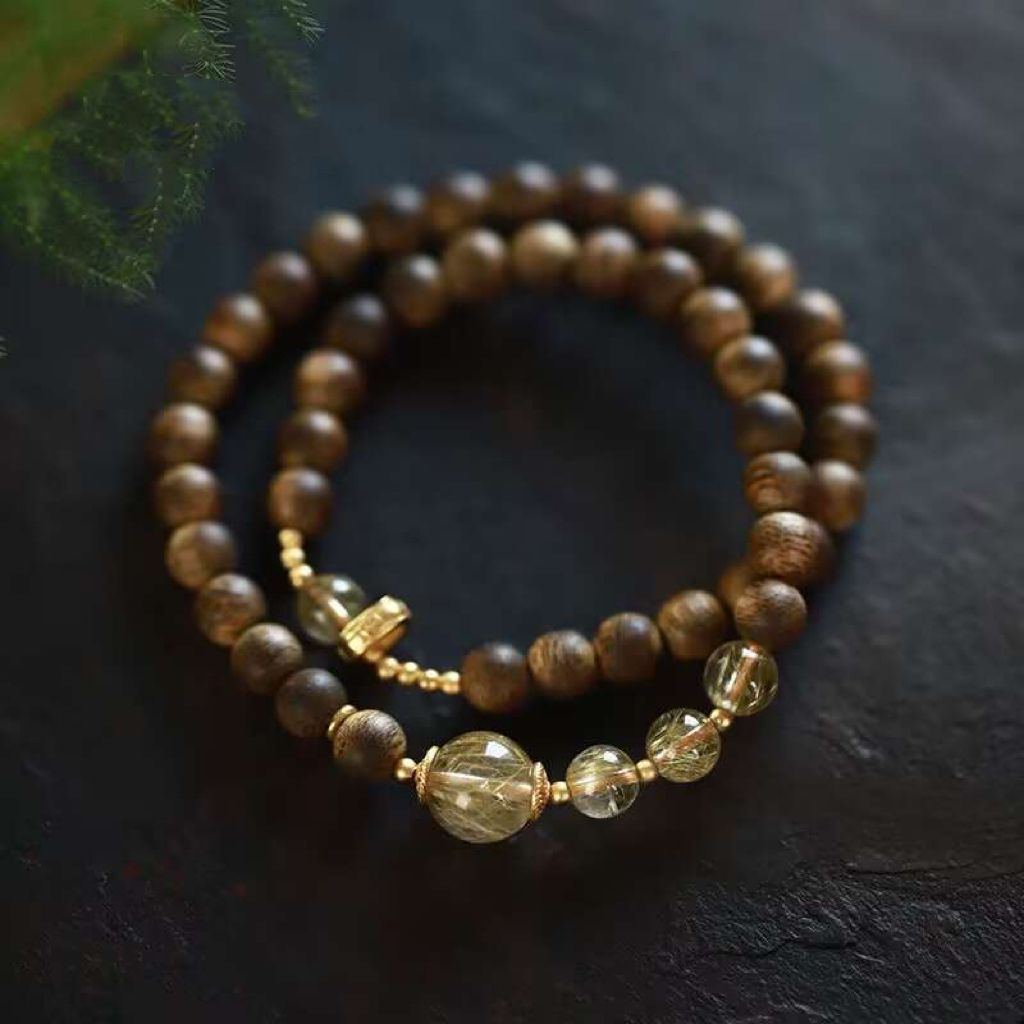 Indian Mysore Laoshan Sandalwood Beaded Double Circle Bracelet Chinese Style Light Luxury Niche Golden Rutilated Quartz Sterling Silver Bracelet Gift
