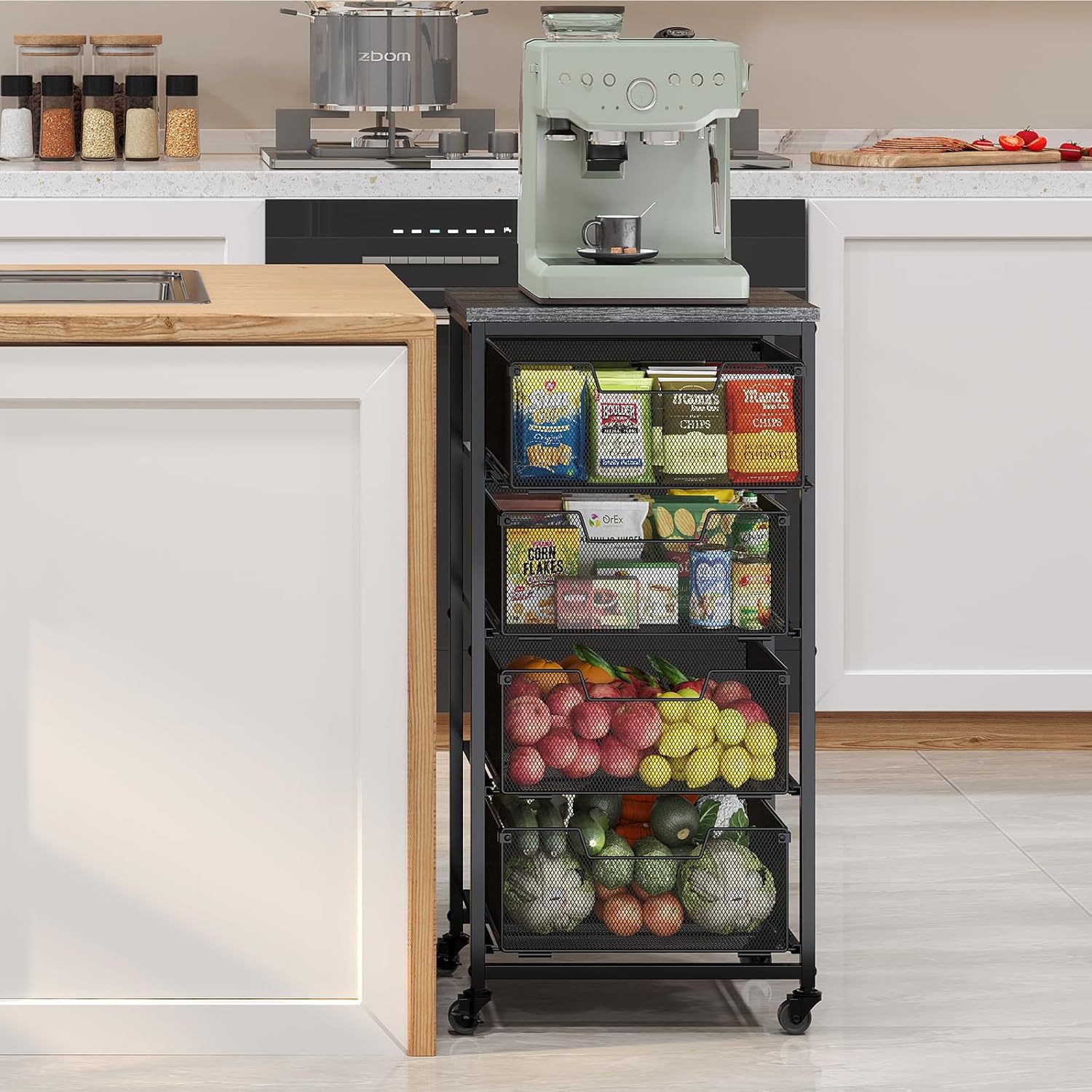 Четырехъярусная тележка для хранения фруктов и овощей с колесами и ящиком