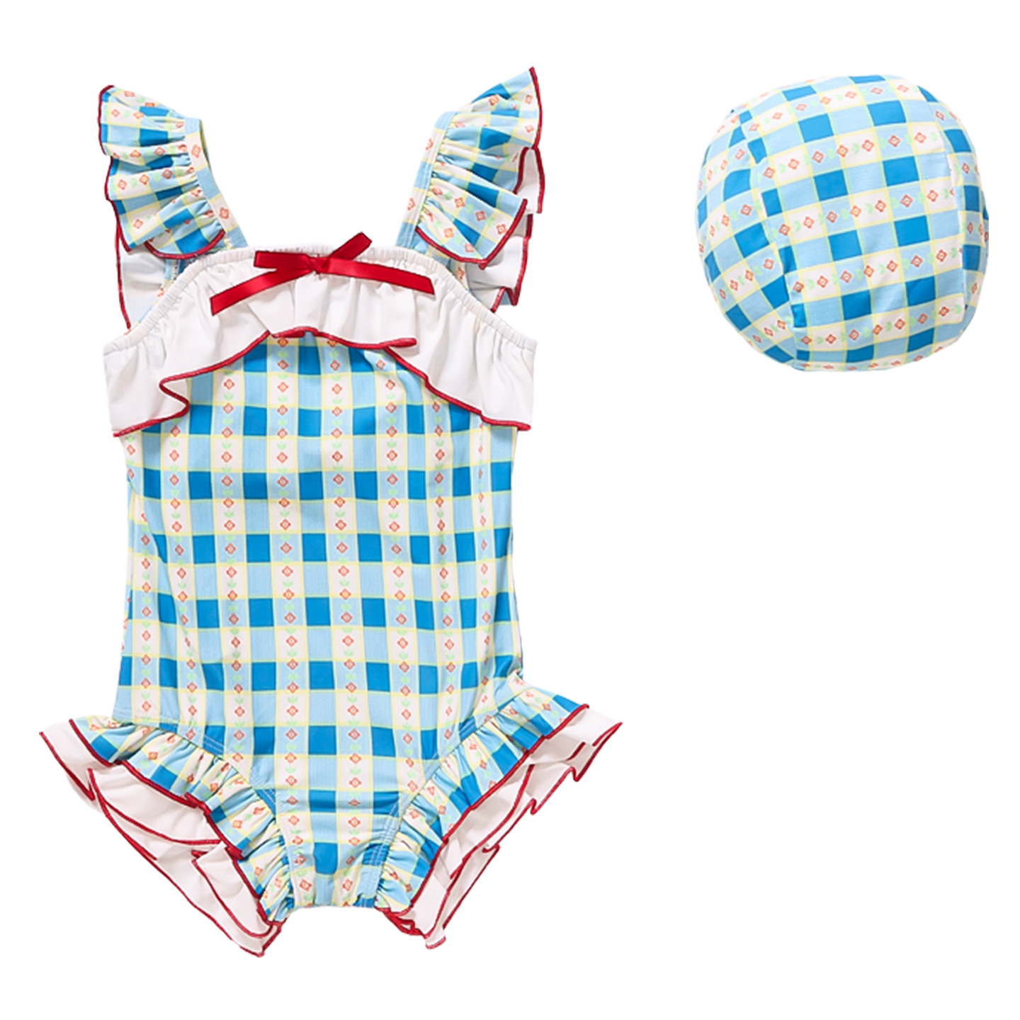 Girls Bow Blue and White Plaid Swimsuit 2025 Summer New Fashion Little Girls Jumpsuit Swimsuit for Children and Middle-Aged Children
